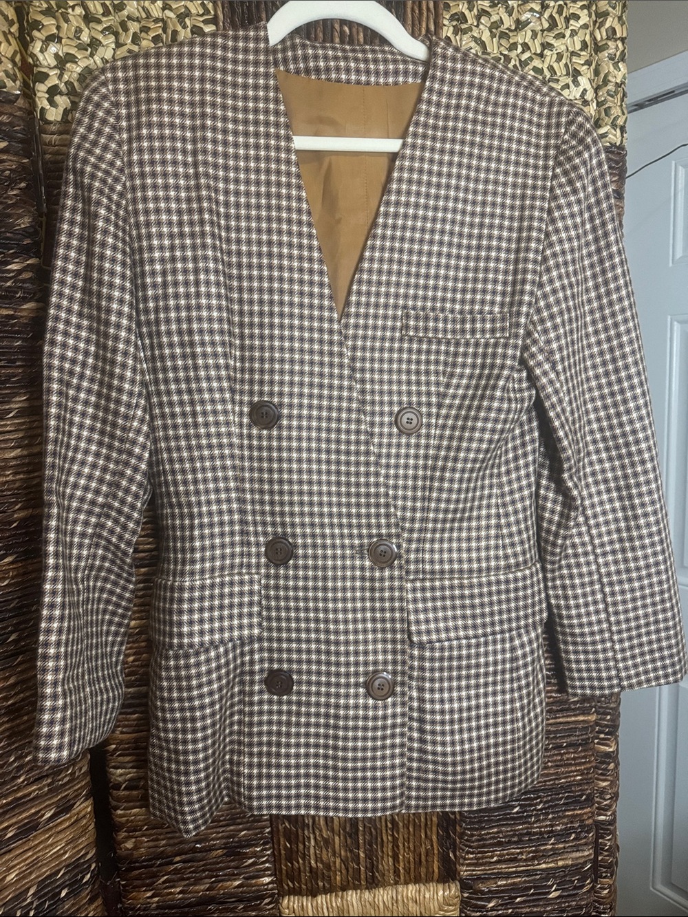 Vintage Brown & Cream Plaid Double-Breasted Blazer